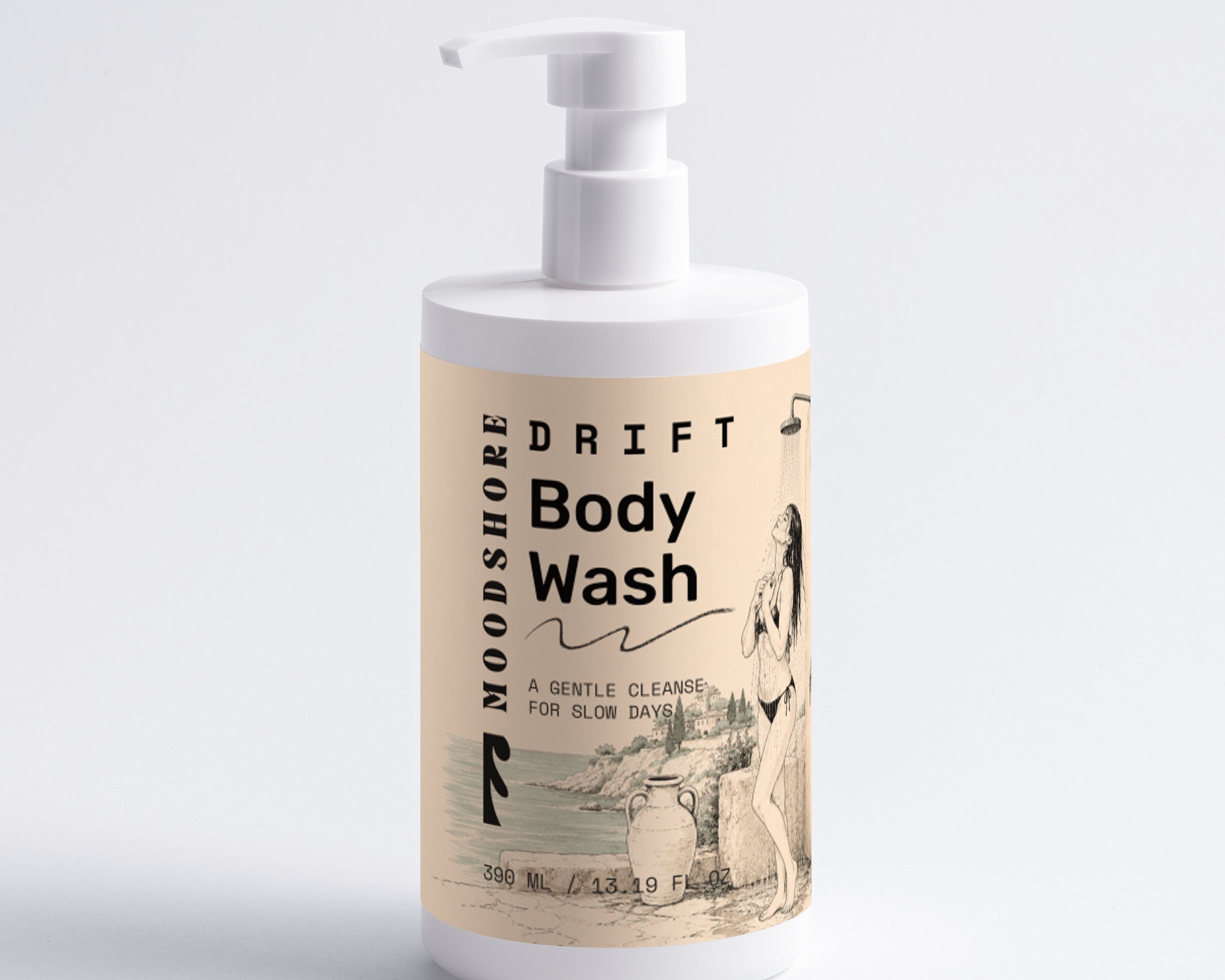 Mooshore Drift Body Wash bottle on a light gray background