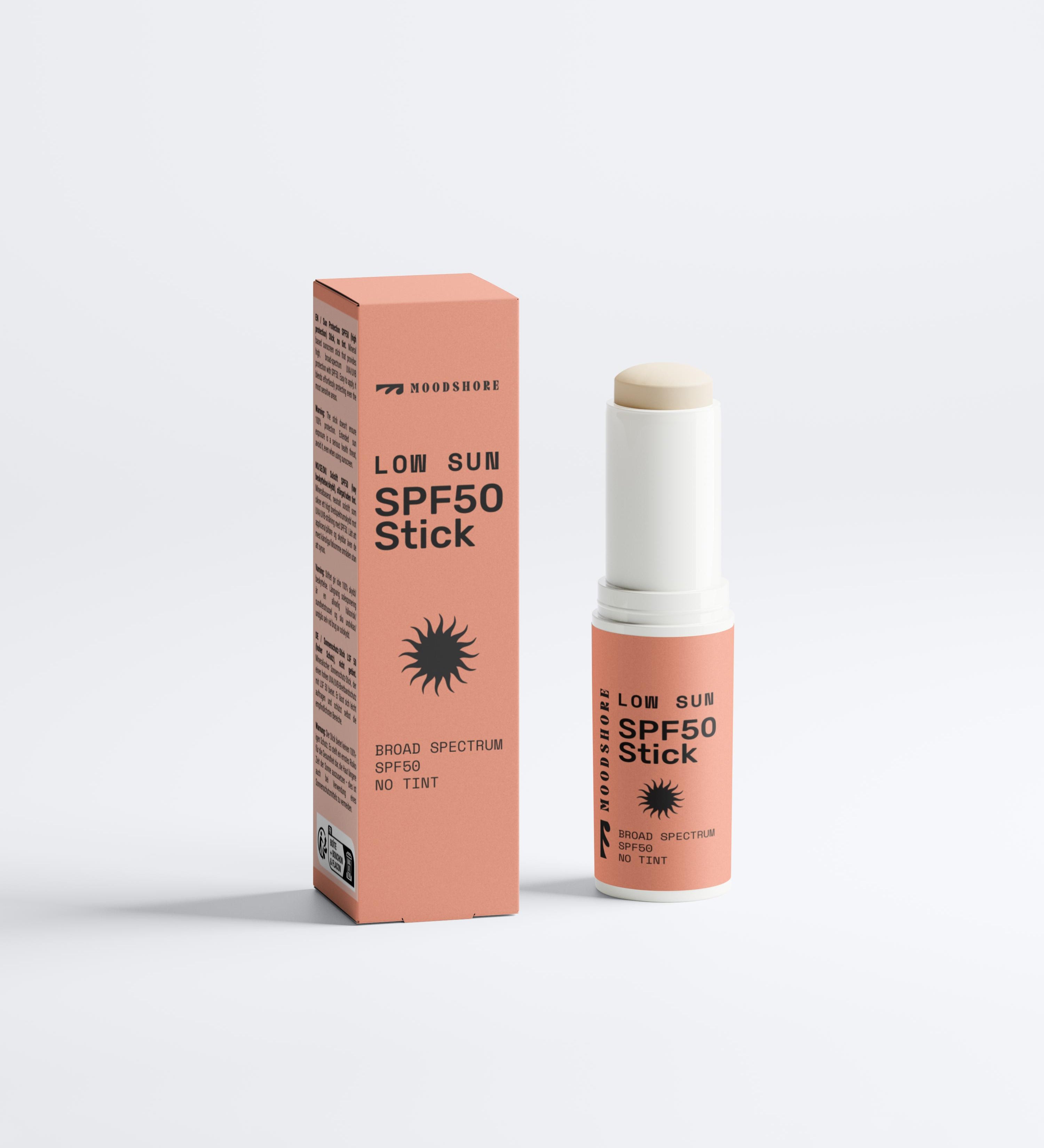 Moodshore Low Sun SPF50 stick and packaging on a white background
