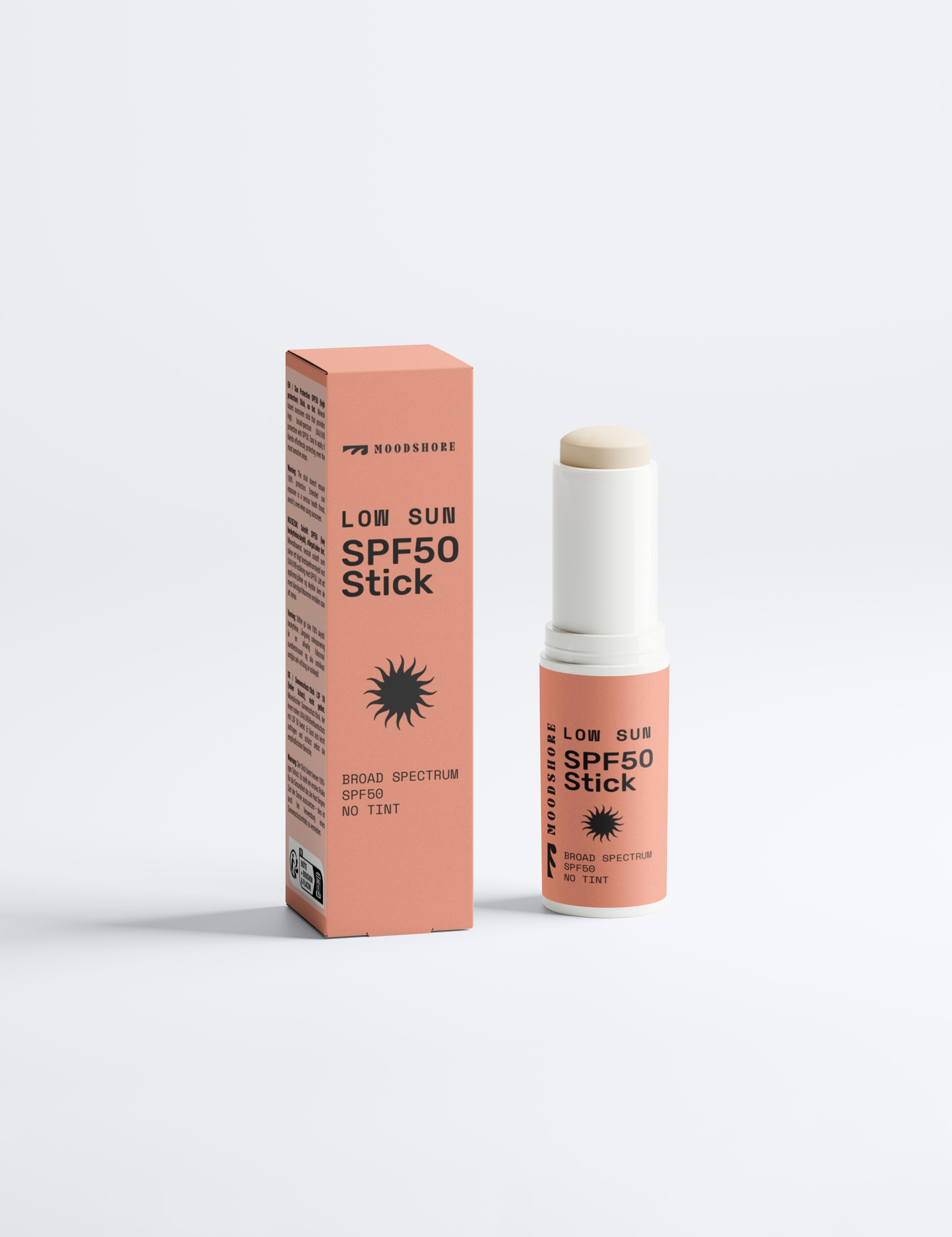Moodshore Low Sun SPF50 stick and packaging on a white background